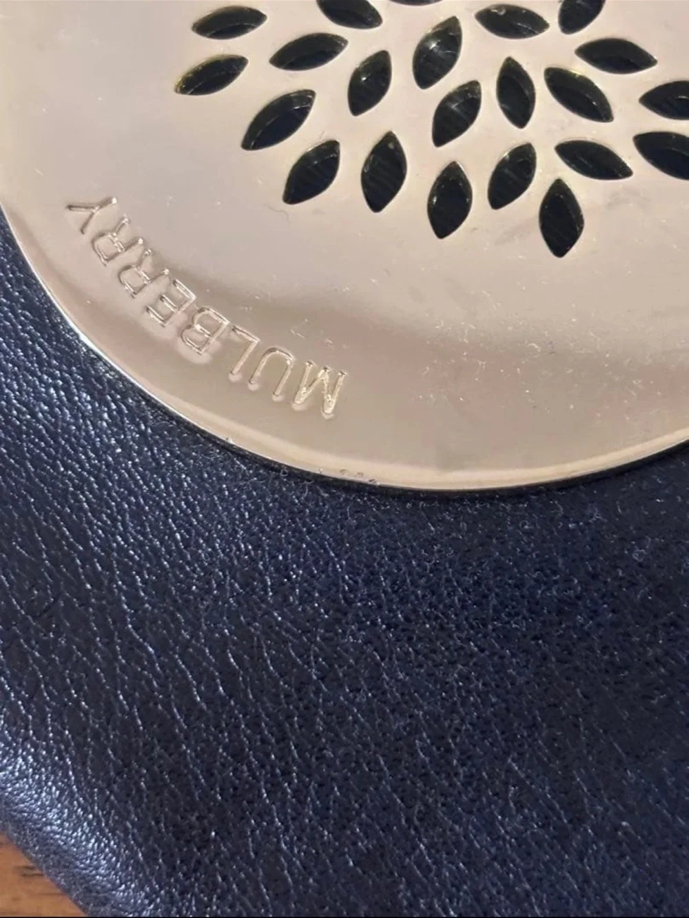 Mulberry Black Leather Wristlet Clutch with Tree Medallion